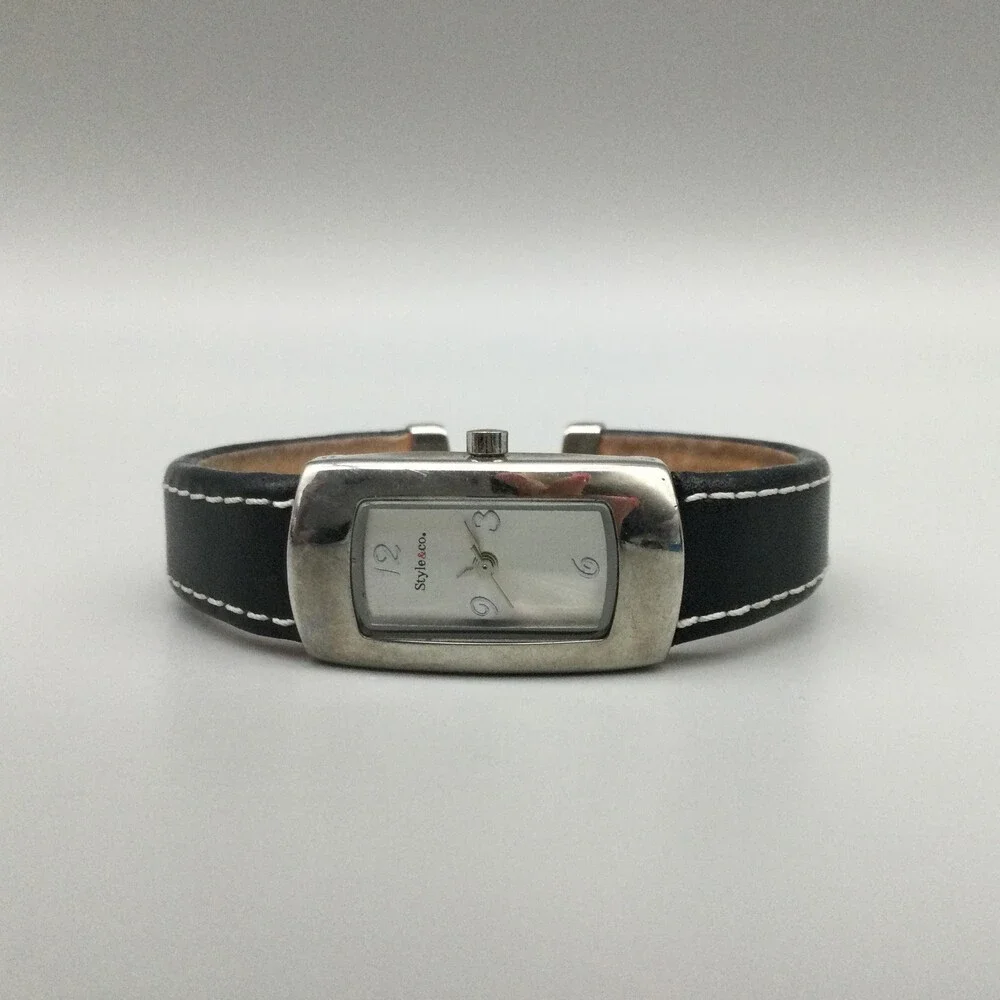 Style & Co. Womens Watch 18mm Silver Dial Black Leather Open Cuff New Battery